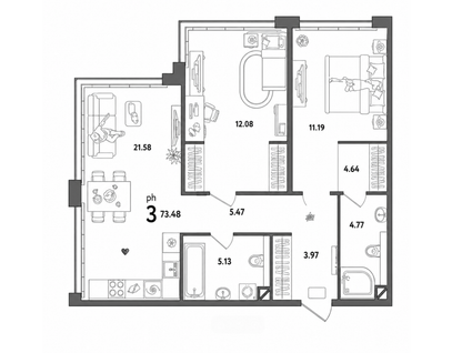 2-к. квартира, 73,5&nbsp;м²