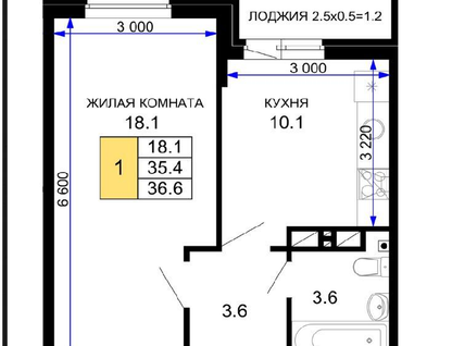1-к. квартира, 36,6&nbsp;м²