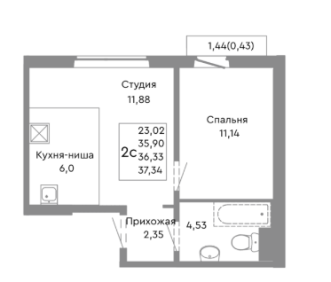 2-к. квартира, 36,3&nbsp;м²