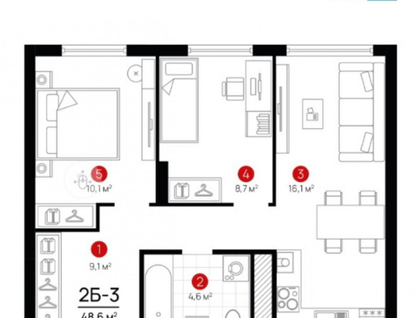 2-к. квартира, 49&nbsp;м²