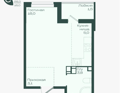 Студия, 29,5&nbsp;м²