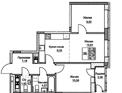 2-к. квартира, 56,1&nbsp;м²