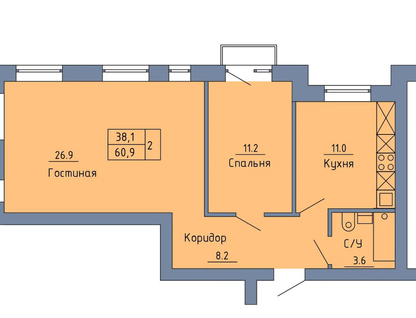 1-к. квартира, 60,9&nbsp;м²