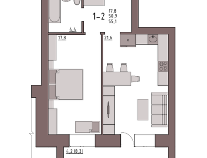 1-к. квартира, 55,1&nbsp;м²