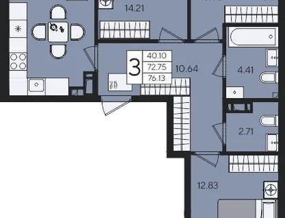 3-к. квартира, 76,1 м²