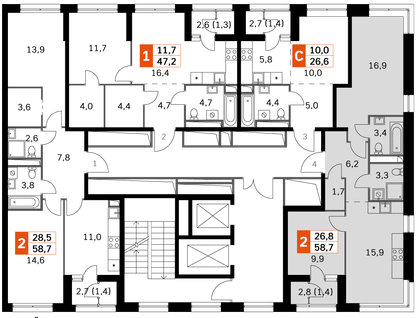 2-к. квартира, 58&nbsp;м²