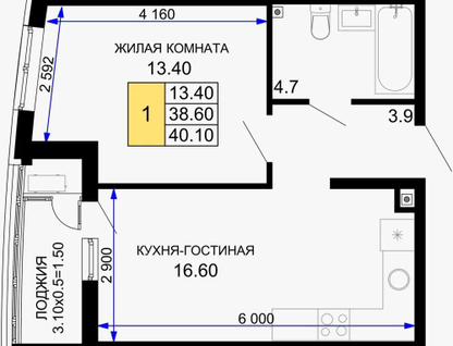 1-к. квартира, 40,1 м²