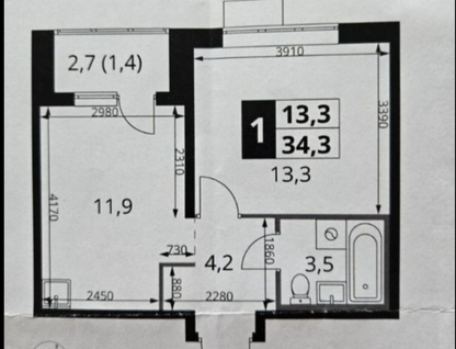1-к. квартира, 34,3 м²