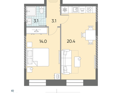 1-к. квартира, 40,6&nbsp;м²