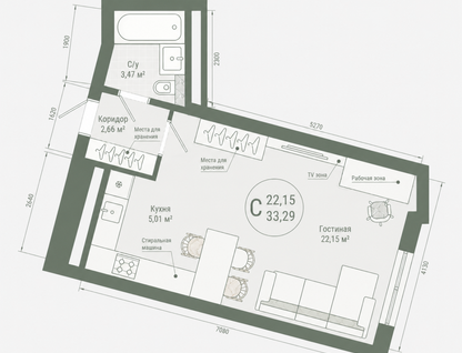 Студия, 33,3&nbsp;м²