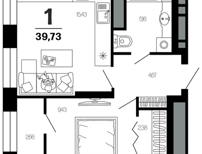 1-к. квартира, 39,7&nbsp;м²