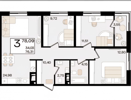 3-к. квартира, 78,1&nbsp;м²