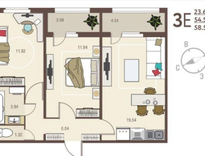2-к. квартира, 54,5&nbsp;м²