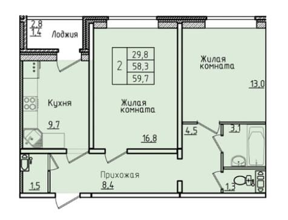 2-к. квартира, 58,3&nbsp;м²