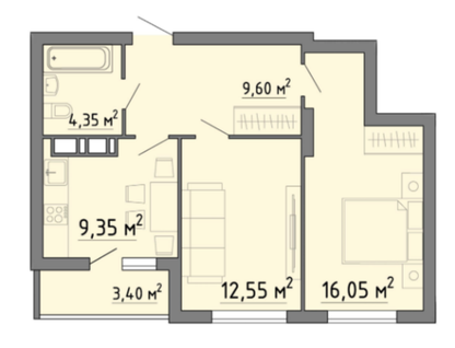 2-к. квартира, 55,3&nbsp;м²