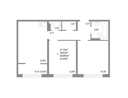 2-к. квартира, 60,9&nbsp;м²