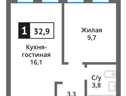 1-к. квартира, 32,9&nbsp;м²