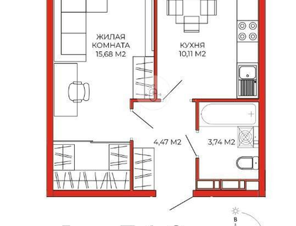 1-к. квартира, 34&nbsp;м²
