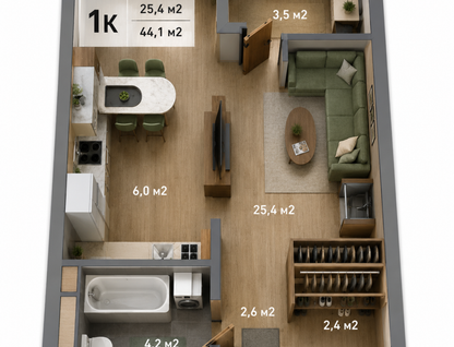 1-к. квартира, 44,1&nbsp;м²
