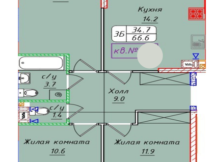 3-к. квартира, 66,6&nbsp;м²