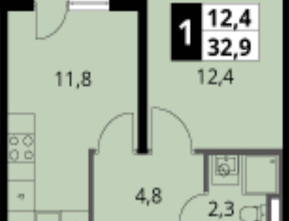 1-к. квартира, 32,9&nbsp;м²