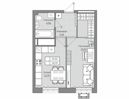 1-к. квартира, 36&nbsp;м²