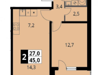 1-к. квартира, 45 м²