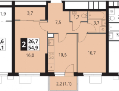 2-к. квартира, 54,9 м²
