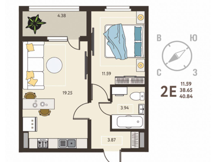 1-к. квартира, 40,8&nbsp;м²