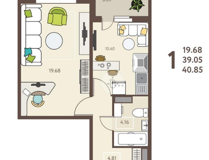 1-к. квартира, 40,9&nbsp;м²