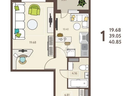 1-к. квартира, 40,9&nbsp;м²
