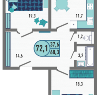 2-к. квартира, 72,1 м²