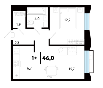 1-к. квартира, 46&nbsp;м²