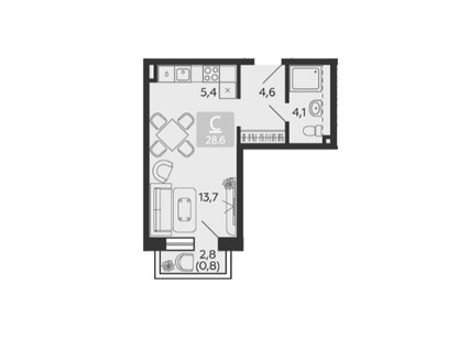 Студия, 28,6 м²