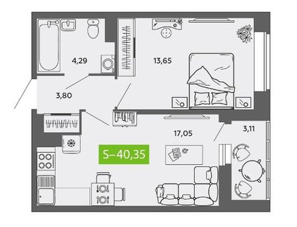 1-к. квартира, 40,4&nbsp;м²