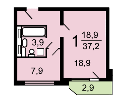 1-к. квартира, 37,9 м²