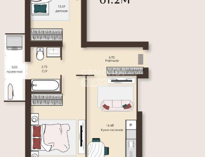 3-к. квартира, 61,2 м²