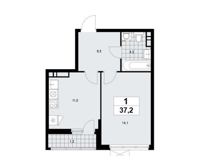 1-к. квартира, 37,3 м²