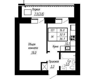 1-к. квартира, 36,7&nbsp;м²