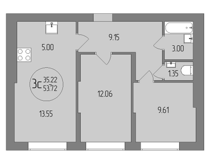 3-к. квартира, 53,7 м²