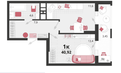 1-к. квартира, 40,9&nbsp;м²