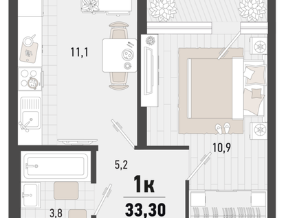 1-к. квартира, 33,3 м²