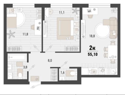 2-к. квартира, 55,1&nbsp;м²