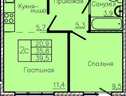 2-к. квартира, 35,8&nbsp;м²