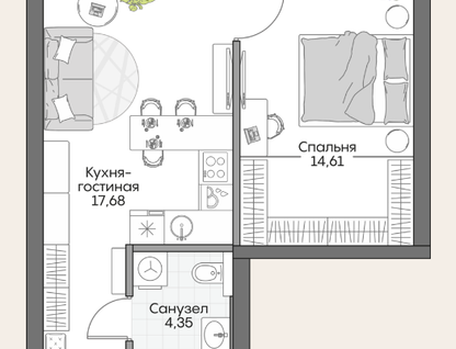 1-к. квартира, 38,2 м²