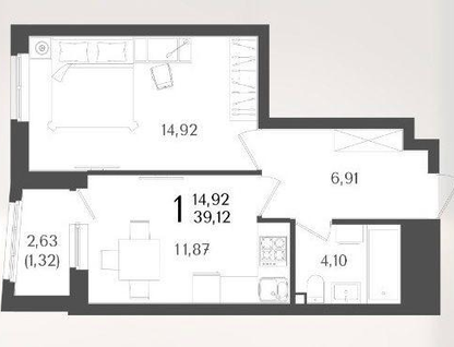 1-к. квартира, 39,1&nbsp;м²