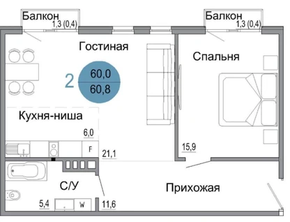 2-к. квартира, 60,8&nbsp;м²