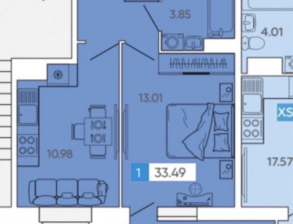 1-к. квартира, 33,5 м²