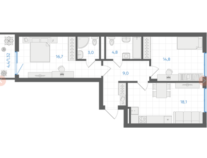 2-к. квартира, 67,7 м²