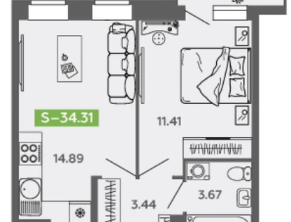 1-к. квартира, 33,4&nbsp;м²